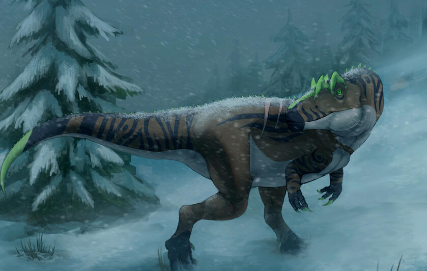 Full-render dinosaur artwork in a snowy forest