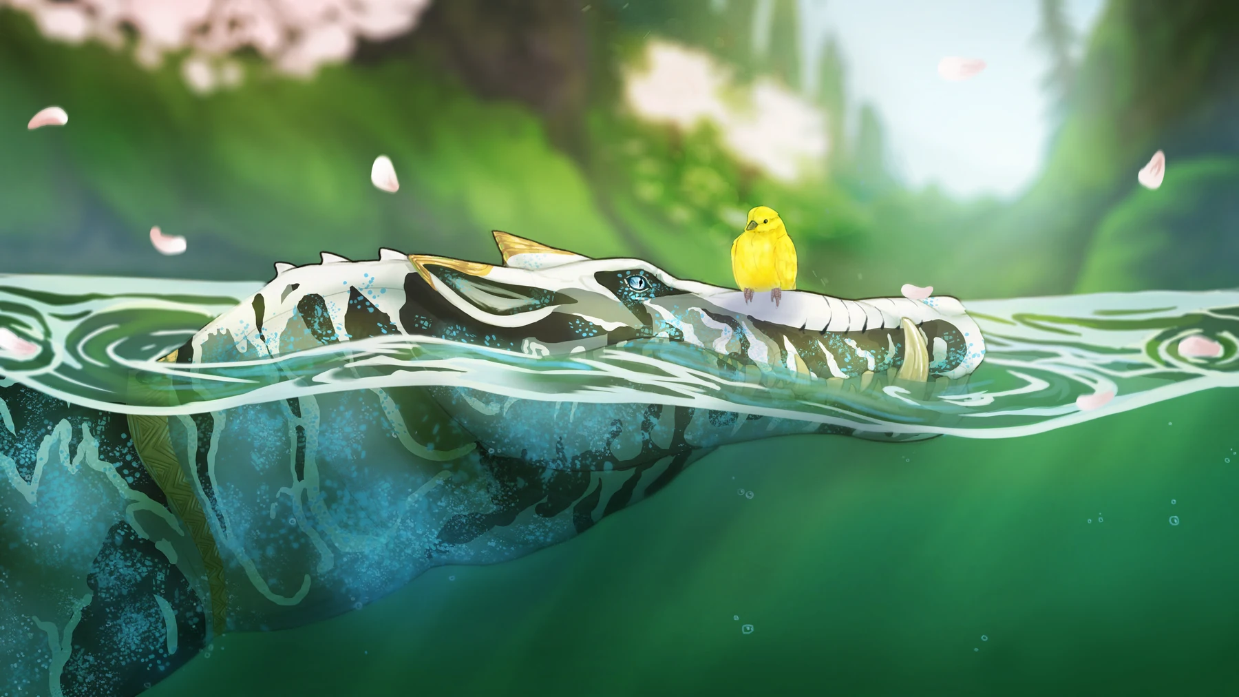 Full-render creature artwork in water